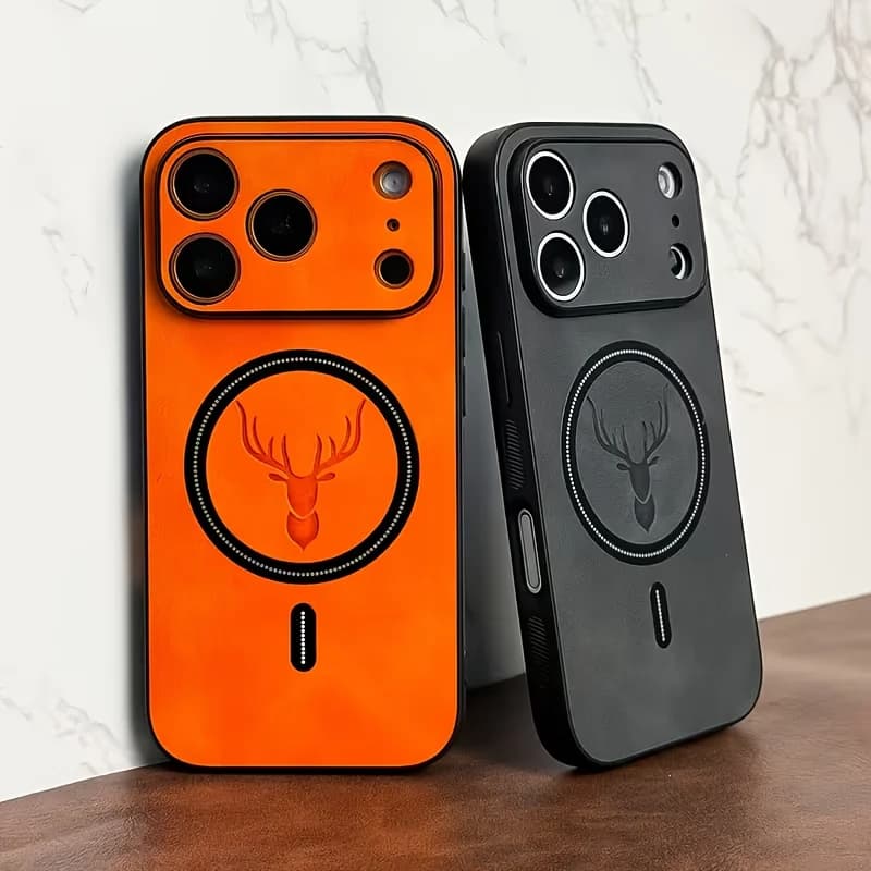 Phone case in luxurious PU leather with deer pattern for iPhone 17 13 12 11 Pro Max 16 15 14 Plus 16E, compatible with MagSafe magnetic wireless charging