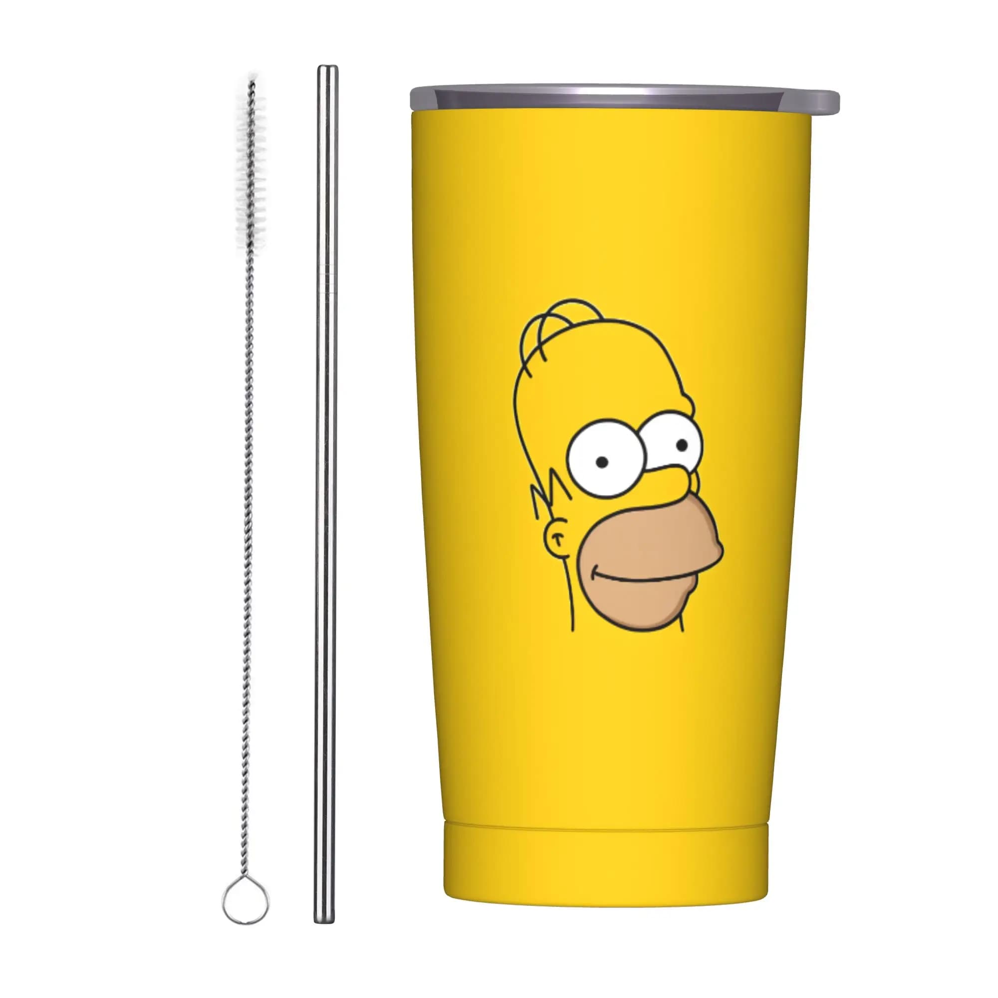 Tazza Termica in Acciaio Inox con Ritratto di Homer Simpson, Bicchiere con Cannuccia e Coperchio, Tazza per Auto, Bottiglia per Bevande Calde