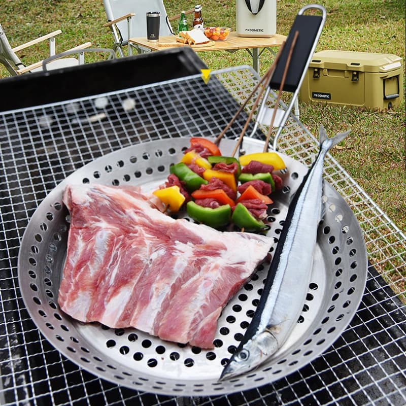 Piatto da barbecue rotondo con manico in legno scavato Piatto da barbecue per verdure da esterno Padella per barbecue portatile da esterno