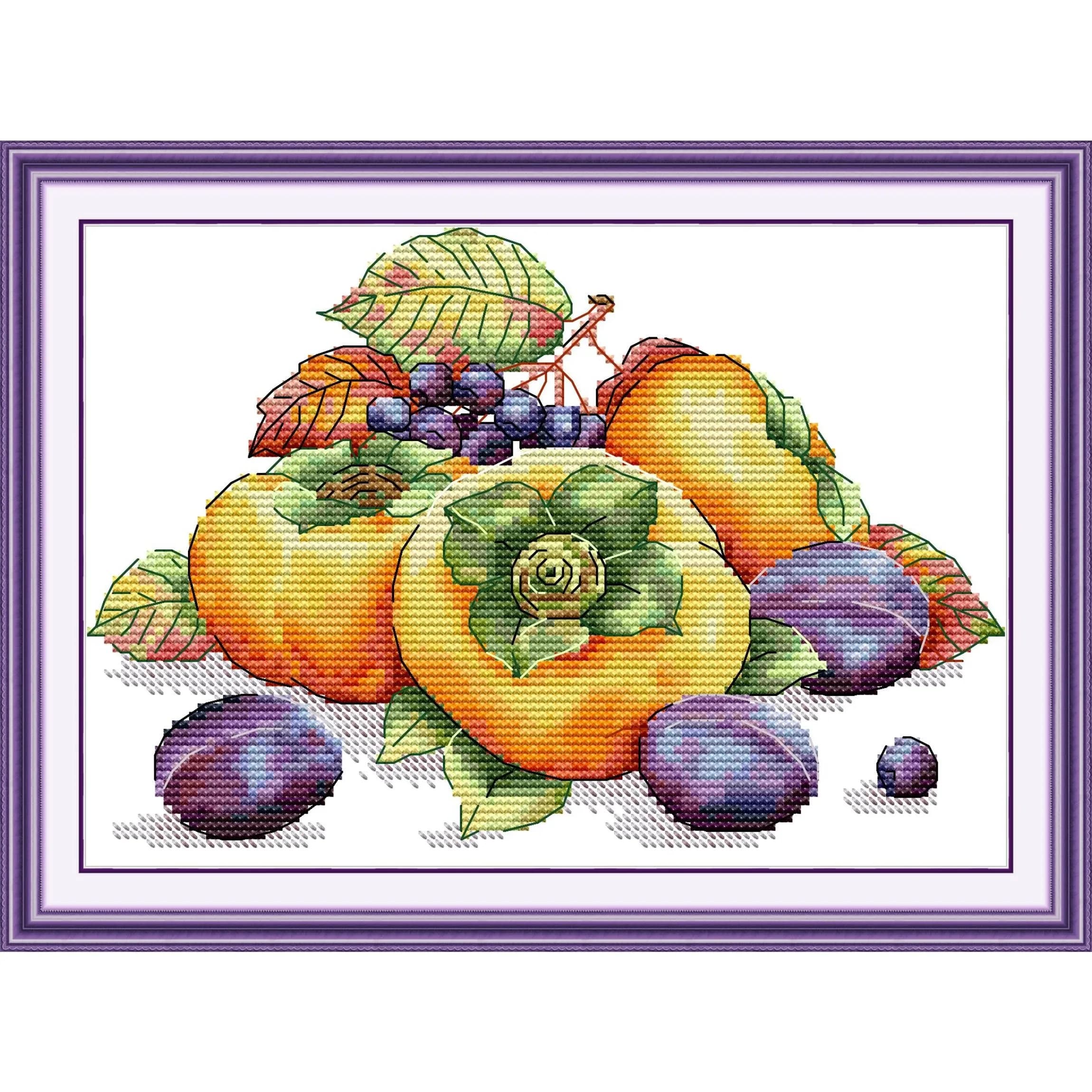 Joy Sunday News Pre-Printed Cross Stitch Kit, Stamped Aida Fabric with DMC Threads, Embroidery Kit - Persimmon Blackcurrant