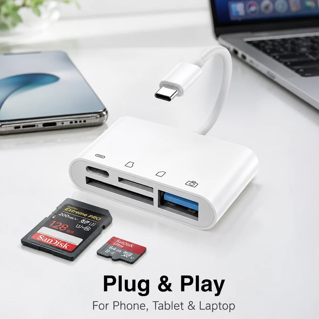 4-in-1 Type-C OTG SD/TF Card Reader High Speed Plug & Play for iPhone Samsung Huawei Xiaomi Laptop Camera USB Flash Drive