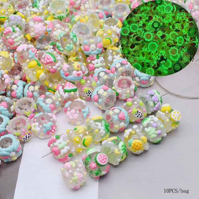 10 pcs/bag acrylic beads night light hand painted fruit beads for creating jewelry pen accessories with chain beads for diy phone