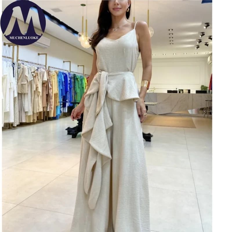 Elegant women's summer suit with straps and belt, versatile, fashionable, casual, wide and with wide leg
