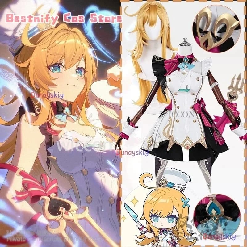 ABC123 Cosplay Anime Gioco Genshin Impact Costume da Chef Escoffier Uniforme da Cuoco Vestito Rosa Caldo a Forma di Torta Carino Kawaii Lolita3'd,5;h.9/