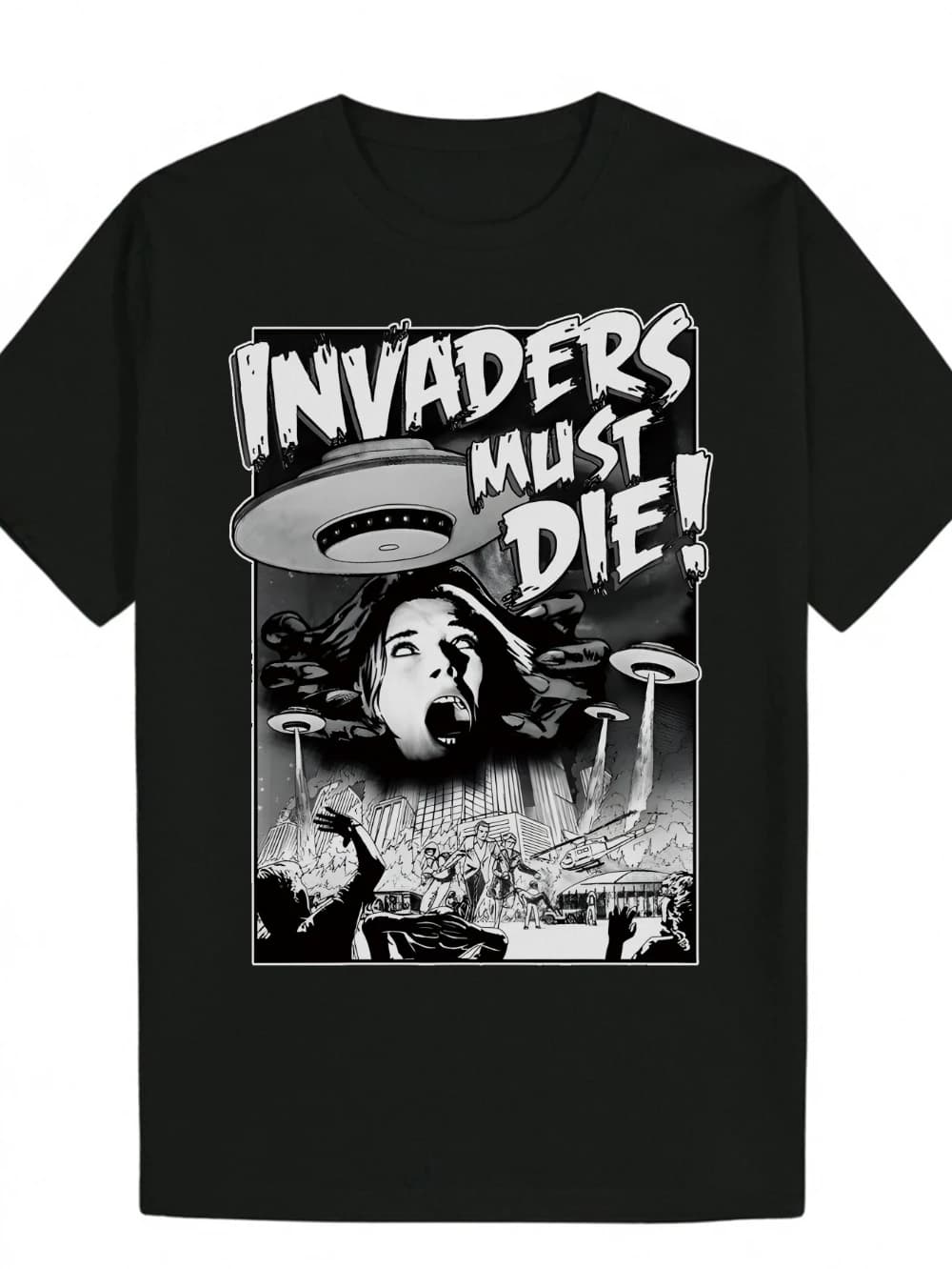 Men's Invaders Must Die UFO & Alien Graphic T-Shirt Black Bold Print Streetwear Tee Men's T-shirts for Summer