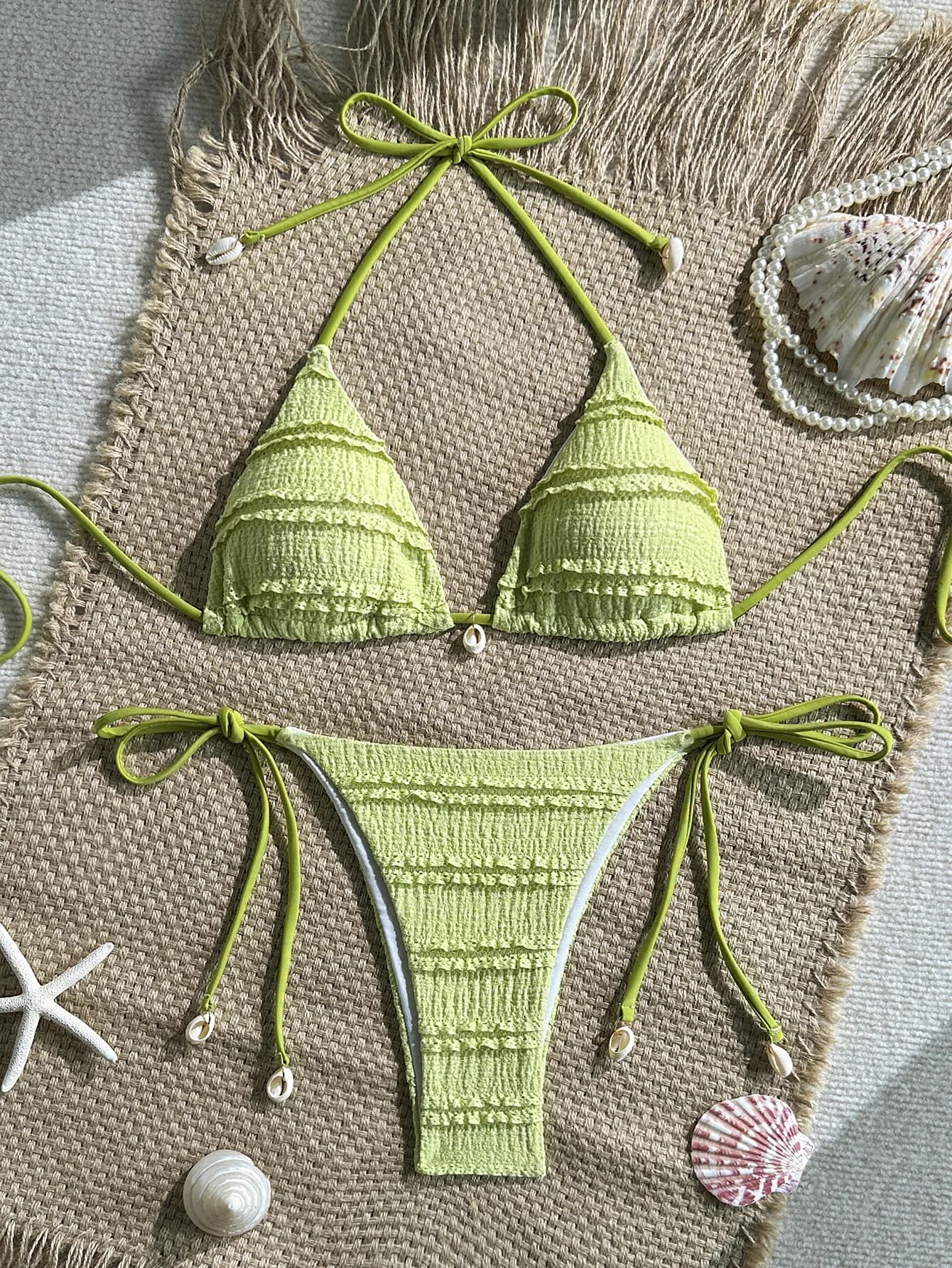 Set bikini sexy a costine tinta unita, due pezzi, con allacciatura all'americana e perizoma, costume da bagno, biquini, tankini, trikini