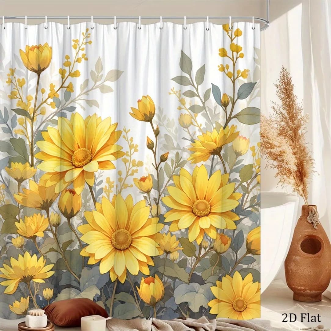 2D Flat, 2D Flat Shower Curtain, 1pc, Bright Yellow Daisy Garden Shower Curtain, Multiple Sizes Available, Comfortable, Space,