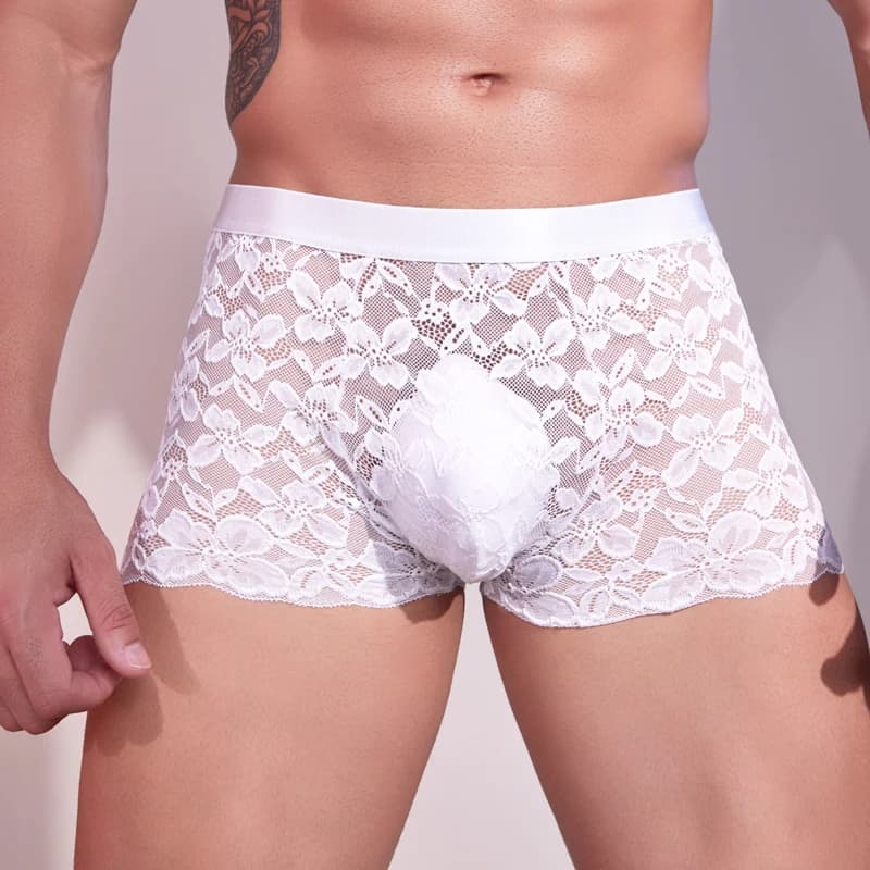 Men's Fashion Lace Boxer Shorts Skin-Friendly Low Rise with Elastic Band Breathable Sheer Flat Corner Underwear Sexy Underpants
