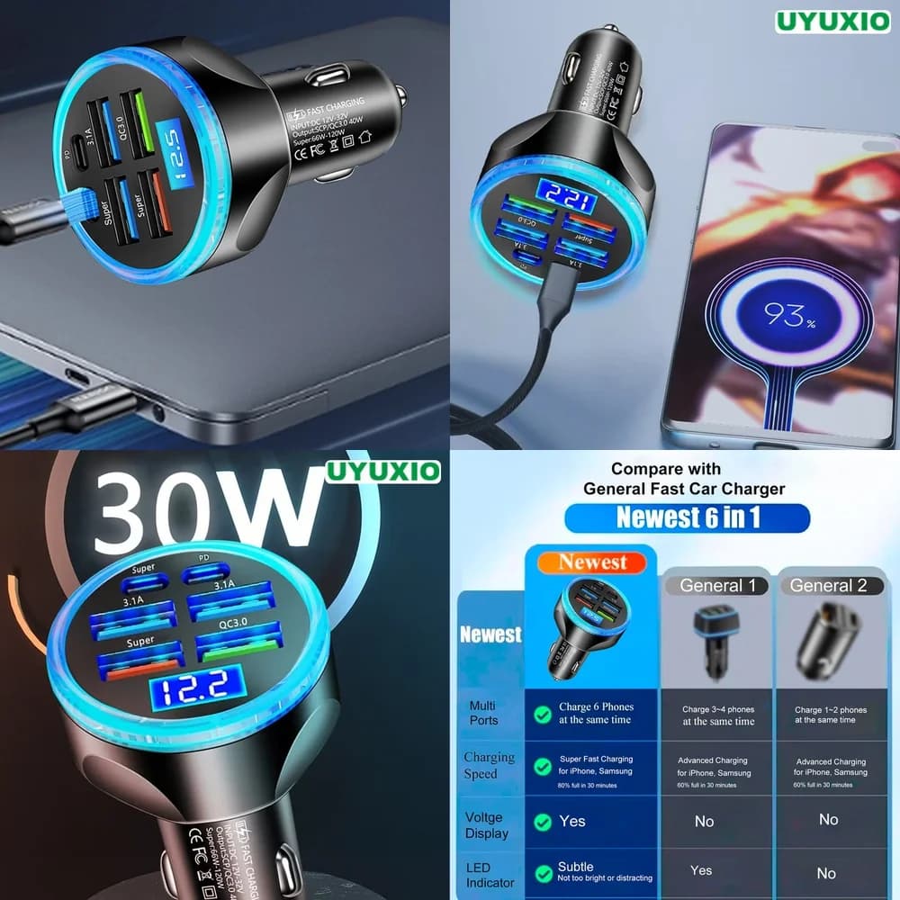 Type C USB C LED Digital Display PD 30W Plug Fast Charging for iPhone 17 16 15 14 Pro Max Plus Super Fast Car Charger 6 Ports