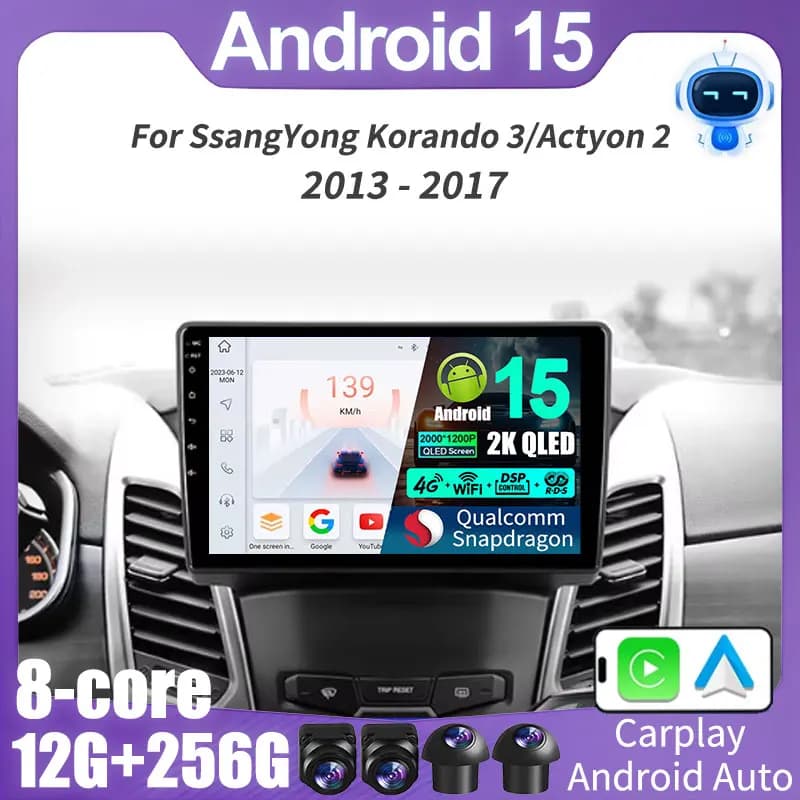 Android 15 Per SsangYong Korando 3 Actyon 2 2013 - 2017 2K QLED Stereo Autoradio Lettore Video Multimediale GPS 4G CarPlay 360 DSP