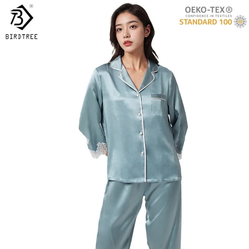 BirdTree,OEKO-TEX, 19MM 100% Silk Pajamas Set,Women's Solid Full Sleeve Lapel Casual Homewear Clothes,2025 New P5D911JF