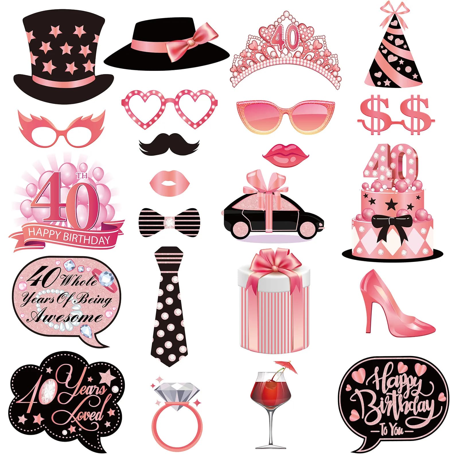 Set di 23 Accessori Fotografici Oro Rosa per Decorazioni Festa 40° Compleanno, Cartelli Selfie Premium in Cartoncino Bianco con Bastoncini di Legno Preincollati