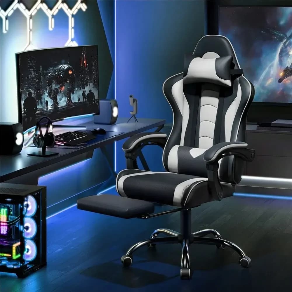 Sedia da gaming ergonomica 1PC, sedia da ufficio con schienale alto, poggiapiedi estraibile e braccioli imbottiti