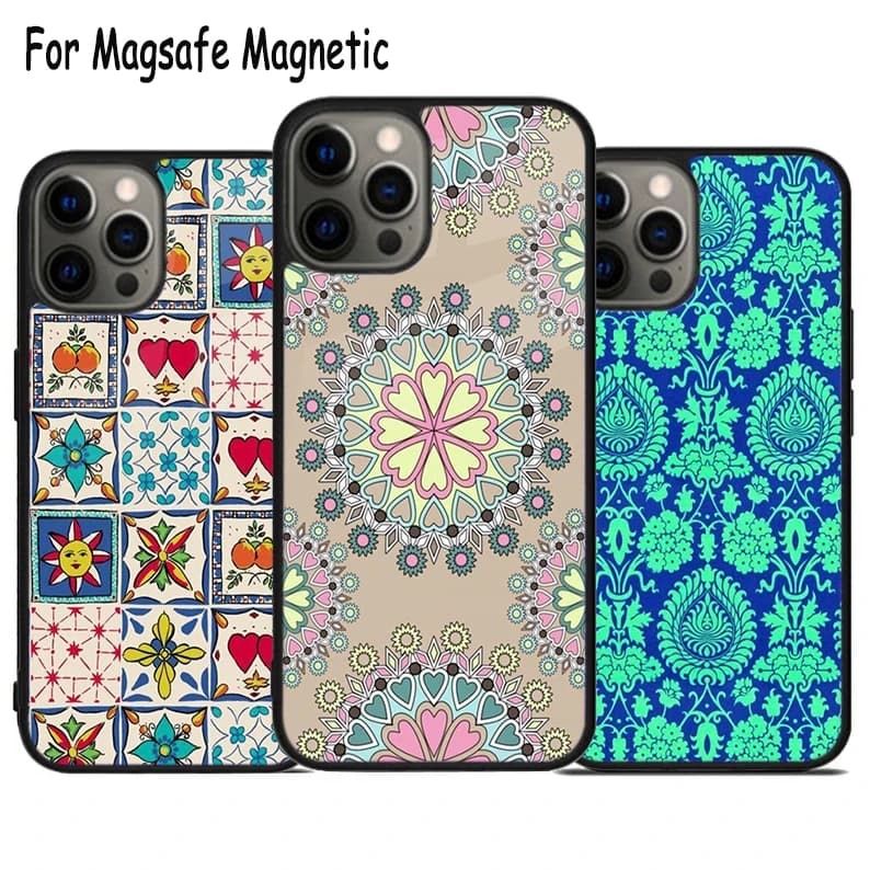 Cover per telefono con ricarica wireless a motivi marocchini per iPhone 17 Air 15 16 16e 14 13 11 12 Pro Max Plus, cover magnetica Magsafe con paraurti