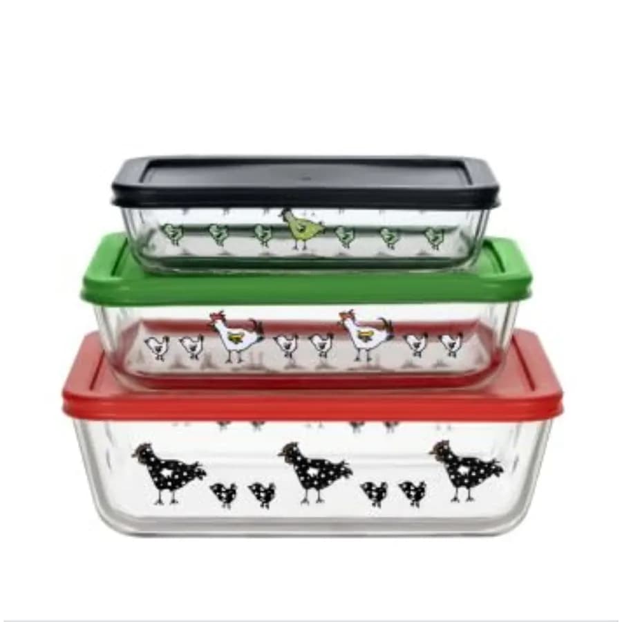 Contenitore per alimenti e pasti in vetro borosilicato, forma rettangolare, set da 6 pezzi (3 contenitori - 3 coperchi), design gallo in stile fattoria