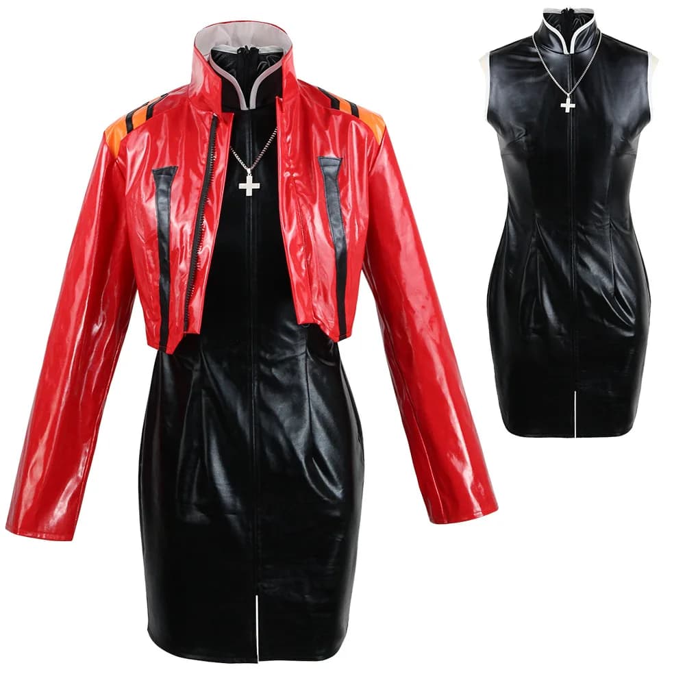 Costume Cosplay Katsuragi Misato per Halloween, Set Completo con Giacca Rossa, Abito, Collana, Parrucca, Uniforme Anime, Outfit Misato