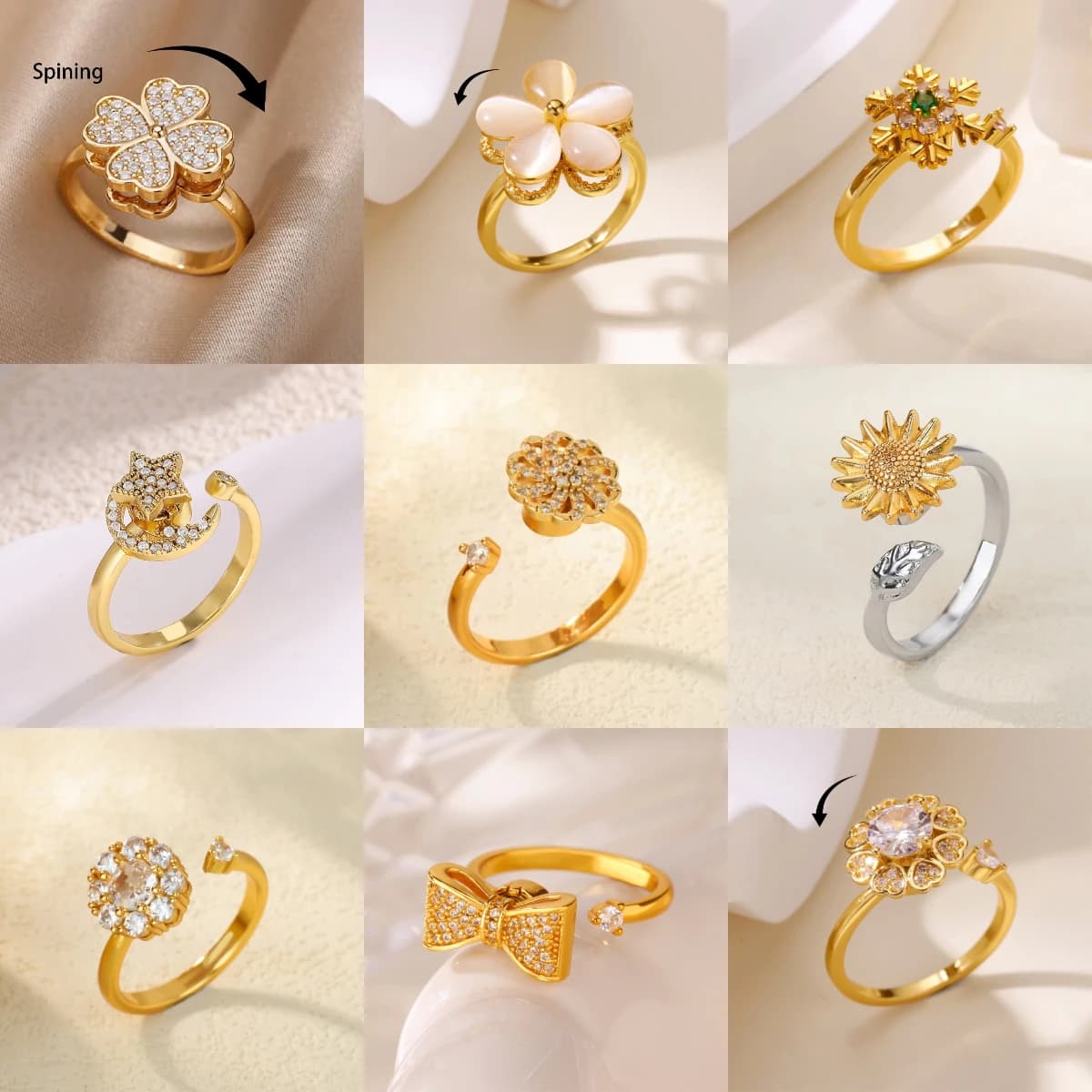 Anello Girevole da Donna di Lusso a Quattro Foglie, Anello Antistress e Antiansia per Uomo, Colore Oro, Gioielli in Acciaio Inossidabile