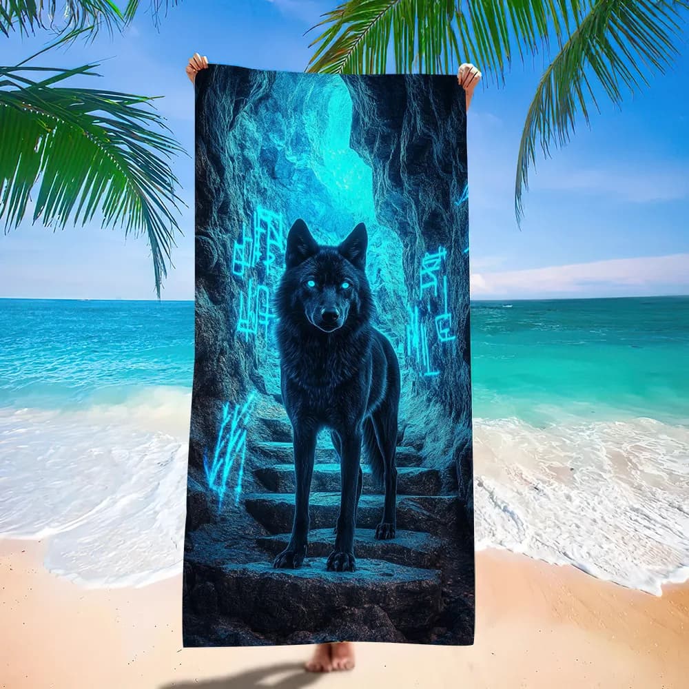 Asciugamano da spiaggia Wolf Beach, modello Gothic Black Wolf Neon Cave, in microfibra ad asciugatura rapida, per spiaggia, piscina, viaggi, campeggio