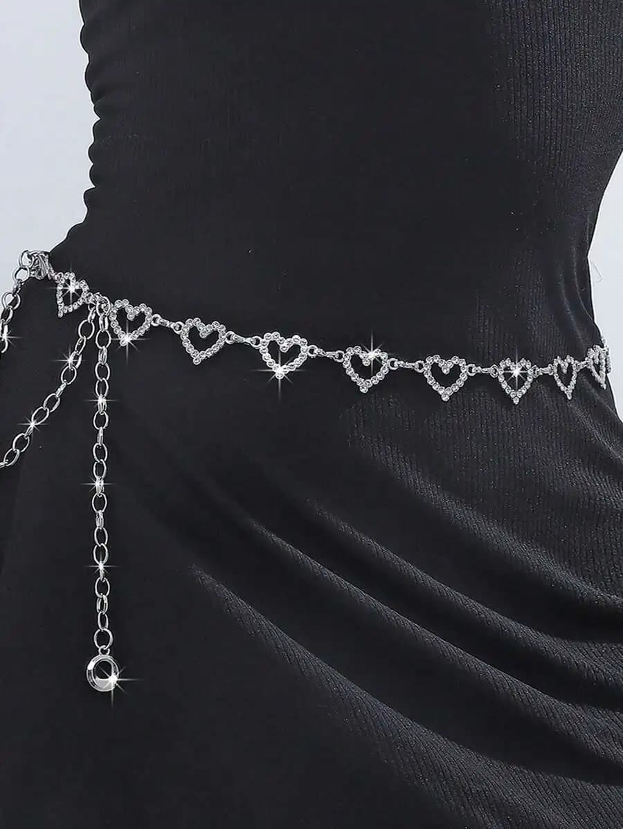 1pc Fashionable Heart-Shaped Rhinestone Waist Chain Metal Braided Belt For Women, Perfect Fit For Summer Dresses With Versatile
