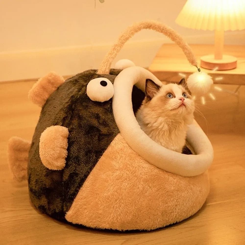 Cuccia per gatti Lanterna per cartoni animati Pesce Letto per gatti Accogliente morbida Semi chiusa Casa per gatti Fondo antiscivolo Tenda per gatti calda per gatti e cani