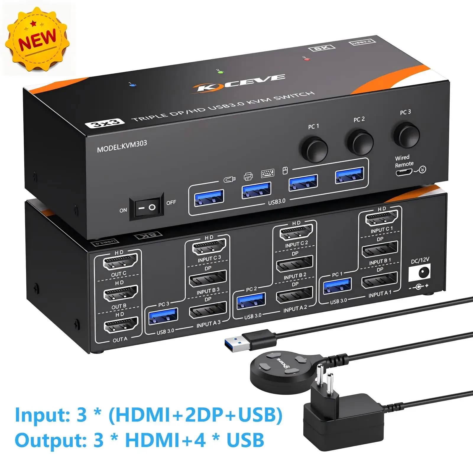 2025 NUOVO Switch KVM 3 Monitor 3 Computer 8K@60Hz/4K@120Hz, Switch KVM HDMI DP per 3 PC Condivisione Triplo Monitor Tastiera Mouse