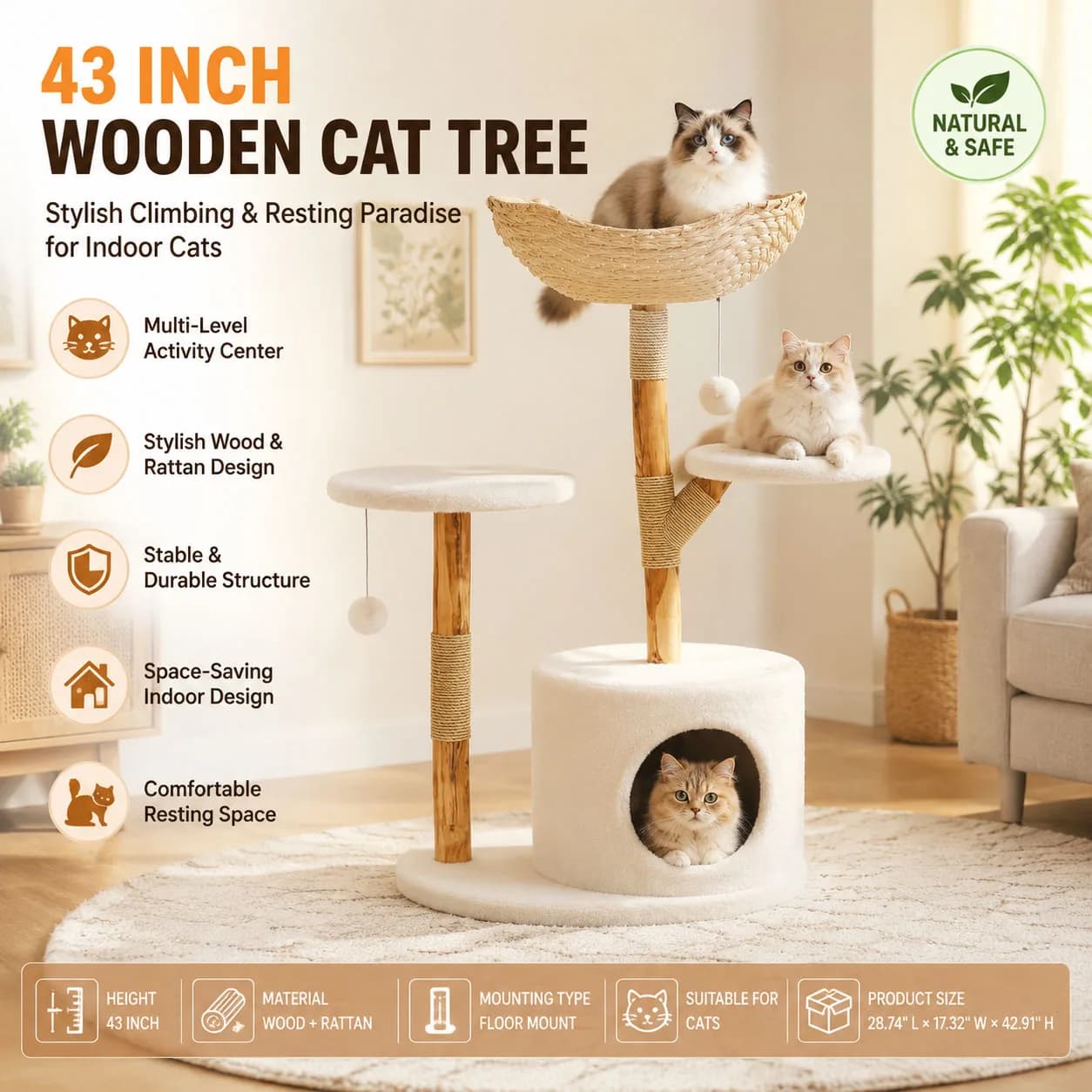 Wooden Cat Tree Tower 43 Inch with Rattan Large Cat Climbing Furniture Multi Level Activity Center Indoor Pet Furniture with Perches for Cats