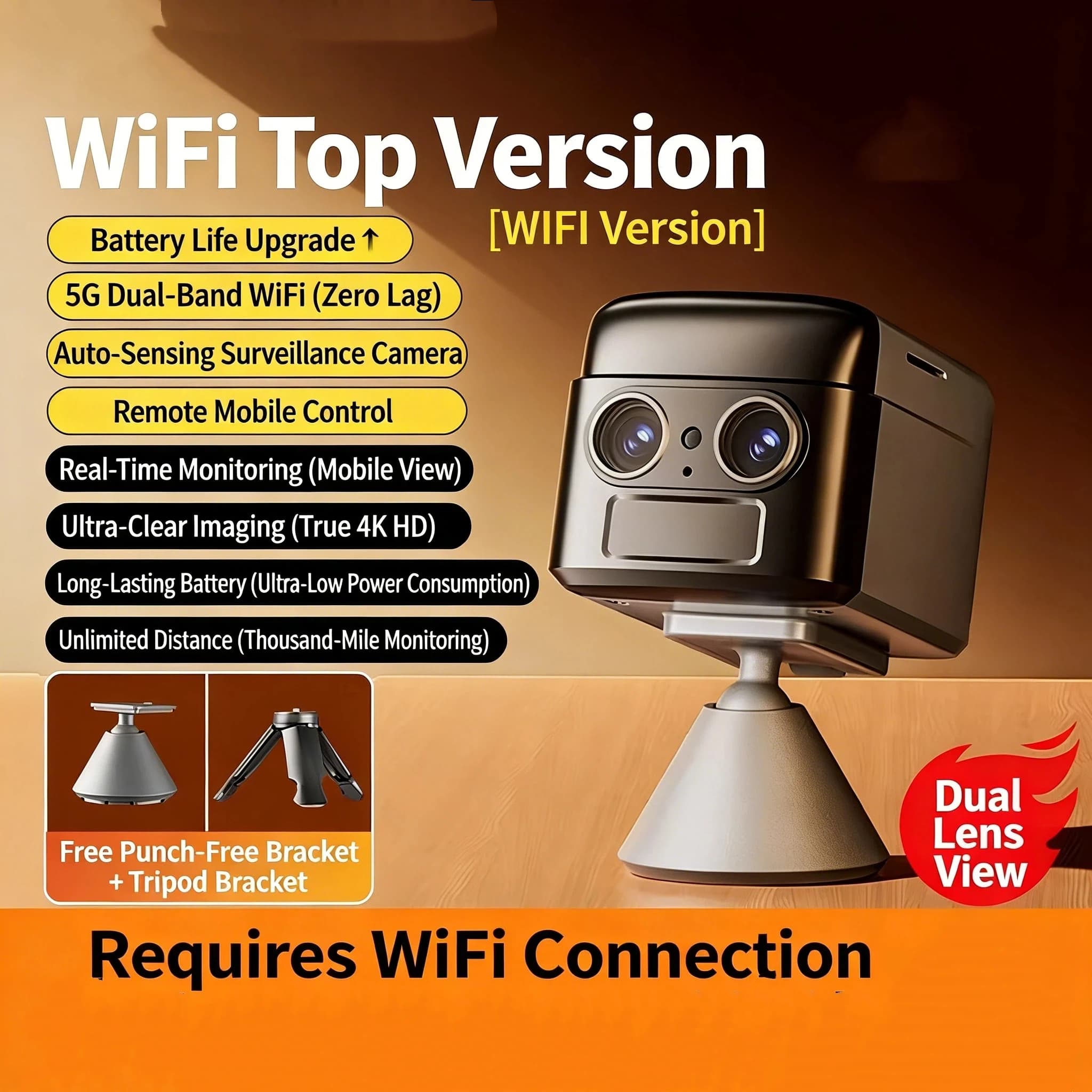 Telecamera di sicurezza wireless 4K, rilevamento del movimento PIR con batteria da 2800 mAh, visione notturna con audio bidirezionale, monitoraggio remoto WiFi, per interni ed esterni