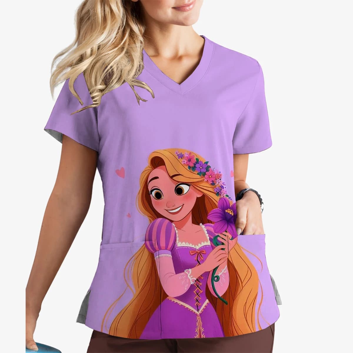 Disney Tangled Principessa Rapunzel Stampato Con Scollo A V Tasca Abito Chirurgico Medico Infermieristica Manica Corta Top Abito Chirurgico Infermieristico