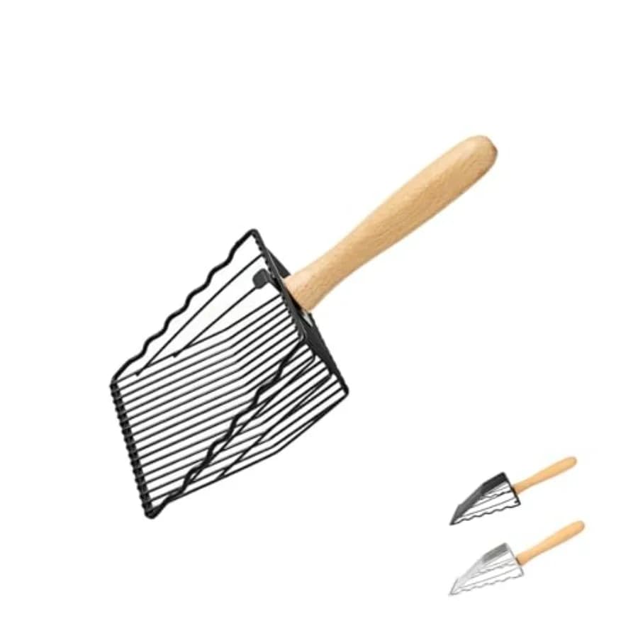 Premium Metal Cat Litter Scoop, 5X Faster Speed Sifter, Heavy Duty Steel Kitty Scooper, Beech Wood Handle, for All Litter Types