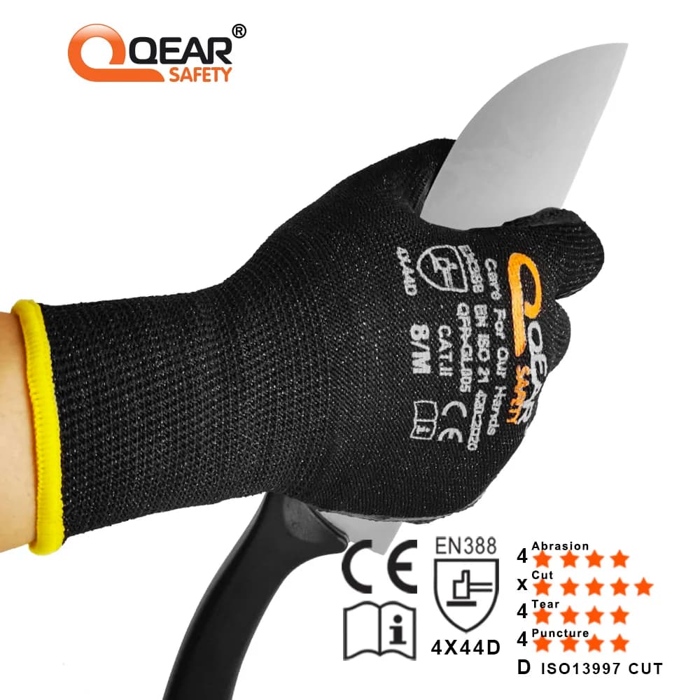 QearSafety Guanto di sicurezza sul lavoro resistente al taglio HPPE nero 5, rivestimento sul palmo in lattice di gomma, protezione per la movimentazione di lavoro pesante e media