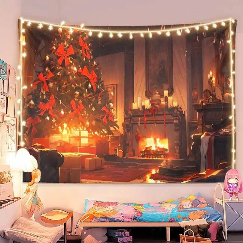 VIKAMA Wall Tapestry Christmas Classic Living Room Red Bow Tree Fireplace Candle Gifts Winter Holiday Wall Hanging Home Decor