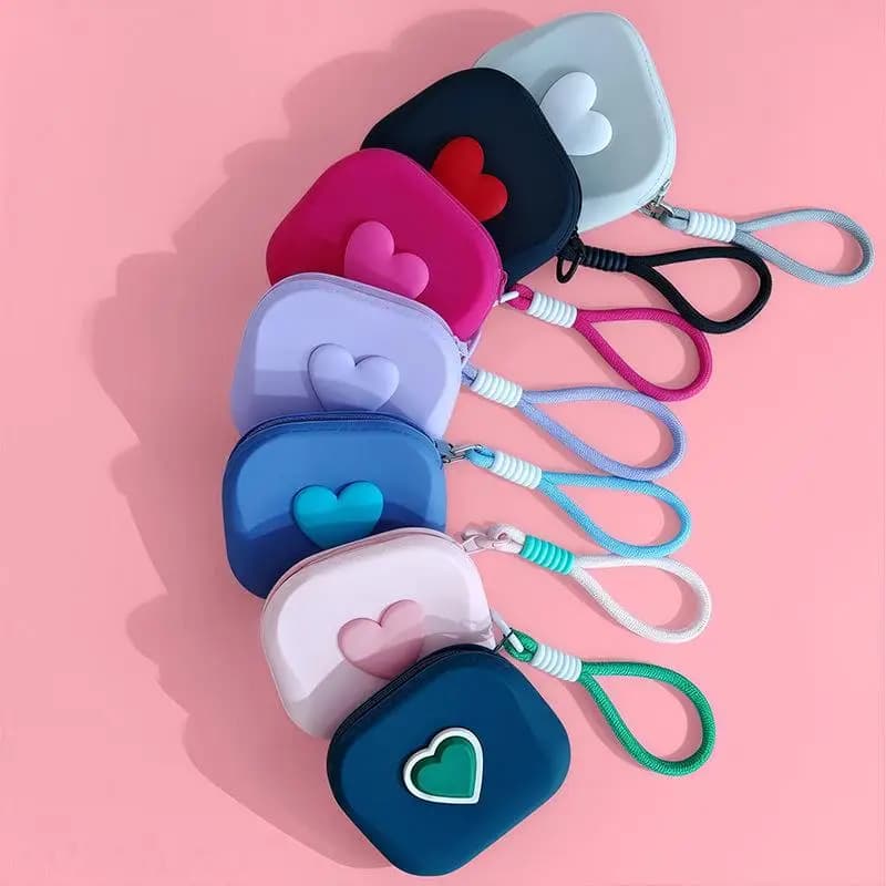 【xxx】Love Heart Storage Bag Silicone Coin Purse Wallet With Weaving Lanyard Portable Data Cable Earphone Organizer Key Pouch