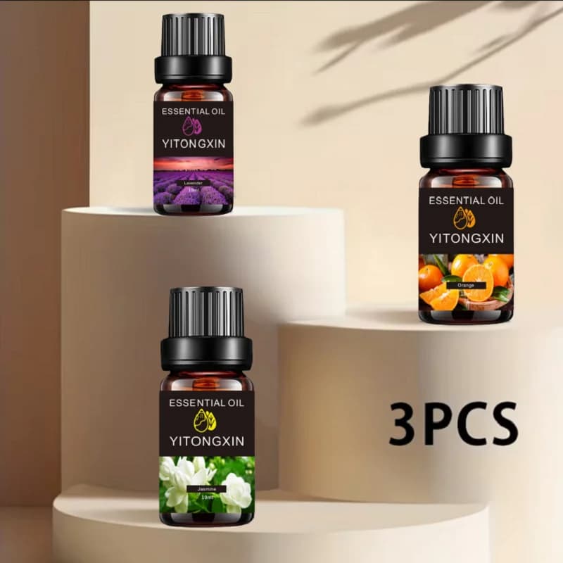 3 oli essenziali vegetali (lavanda+giacinto+arancia) da 10 ml per flacone, adatti per la cura del corpo e per massaggi.