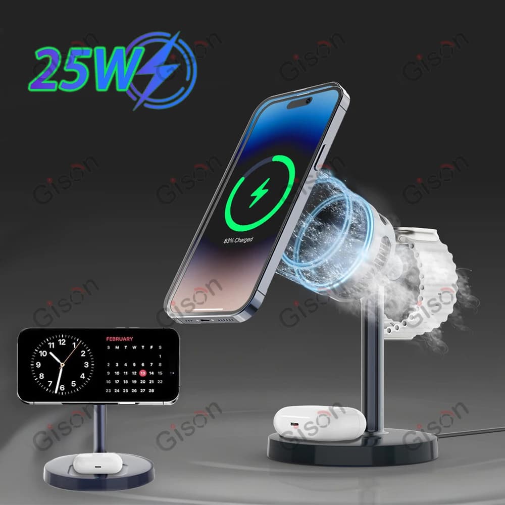 Caricatore Wireless Magnetico Qi2 25W con Luce LED e Raffreddamento ad Aria per iPhone 17 16 15 14 13 12, Apple Watch e Airpods Pro, Ricarica Rapida