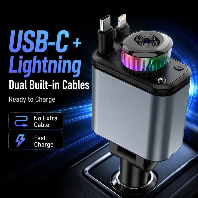 180W 5 in 1 Car Charger Retractable USB C Lightning Fast Charging Aromatherapy Starlight Adjustable 12V 24V Adapter