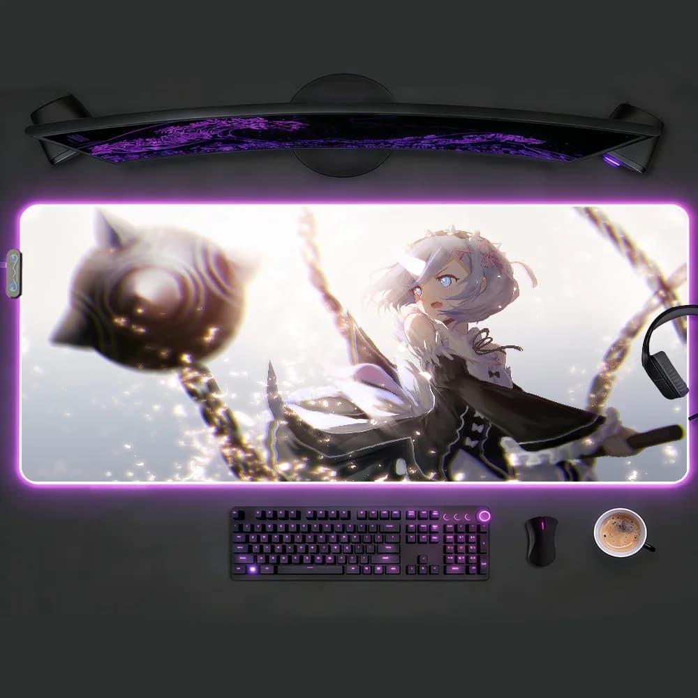 Tappetino per mouse Anime R-ReS Z-ZeroS Rem RGB LED antiscivolo, tappetino da scrivania in gomma, accessori da gaming, grande XXL, tappeto per tastiera da computer e ufficio
