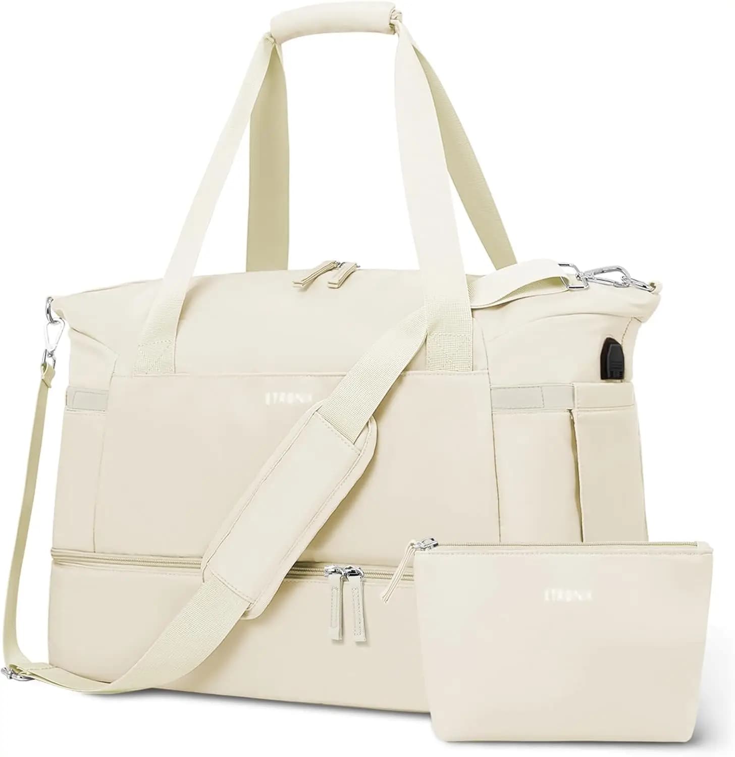 Borsa da Palestra e Viaggio per Donna con Scomparto per Scarpe, Tasca Impermeabile, Porta USB - Borsone Weekend Beige