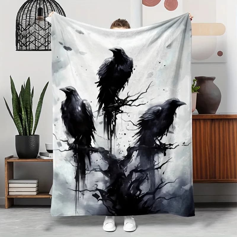 Gothic black raven pattern Flannel printed blanket suitable for all seasons suitable for living room office sofa and travel