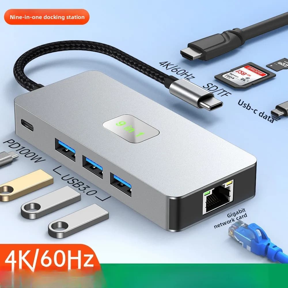 Hub USB 9 in 1 4K60Hz, Espansore Multi-interfaccia per Notebook, Docking Station Type-C, Stazioni di Docking e Hub USB