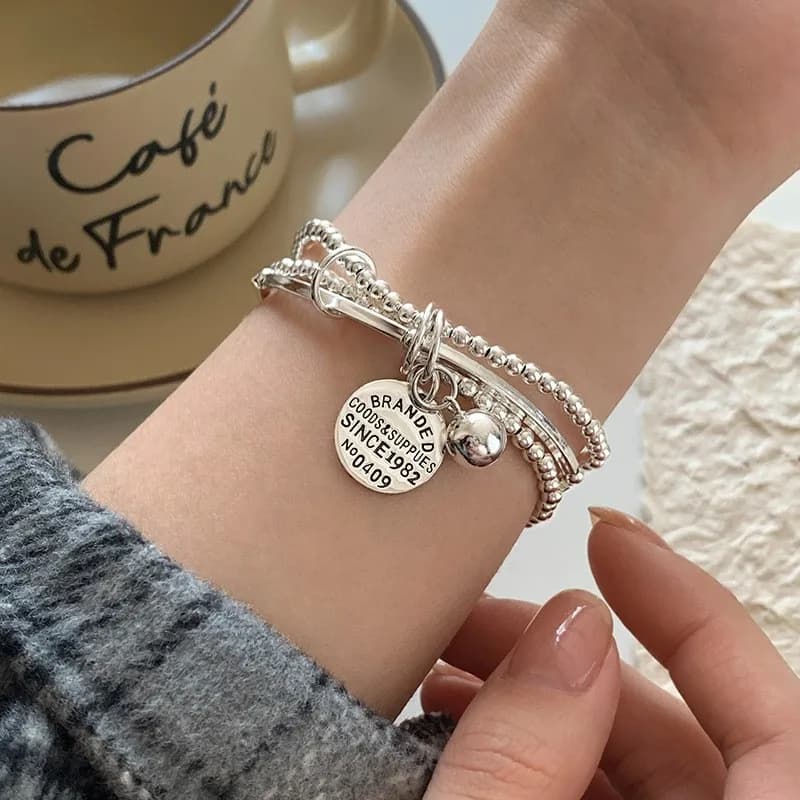 Silver Color Triple Layers Stacked Round Pendant Bracelet for Women Fashion Beads Ball Charm Chain Girls Party Jewelry Present