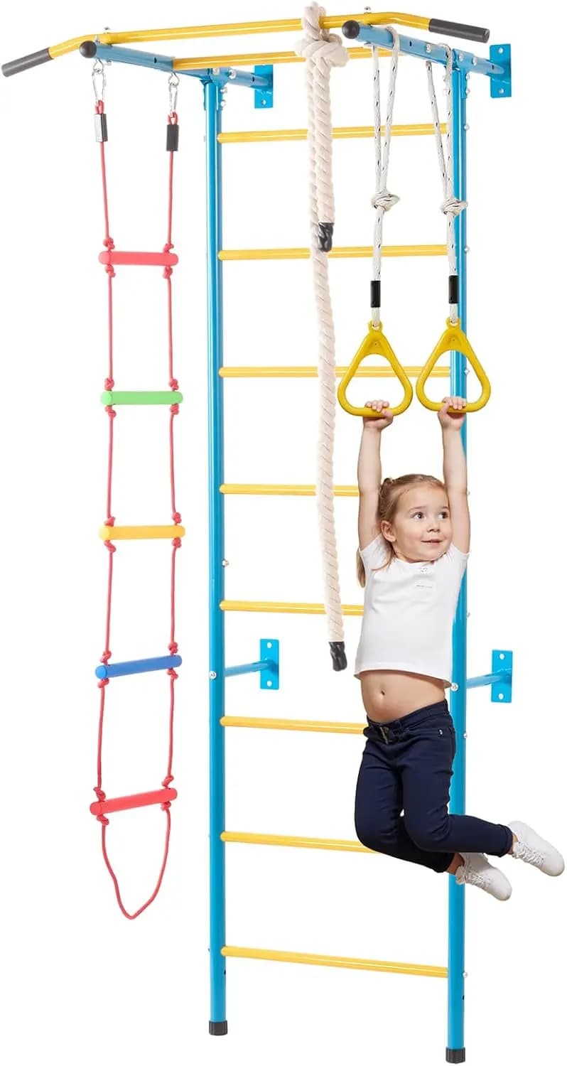Gym Indoor per Bambini, Set da Arrampicata 5-in-1 con Scala Svedese in Acciaio al Carbonio, Scala a Muro, Barra per Trazioni, Scala a Corda