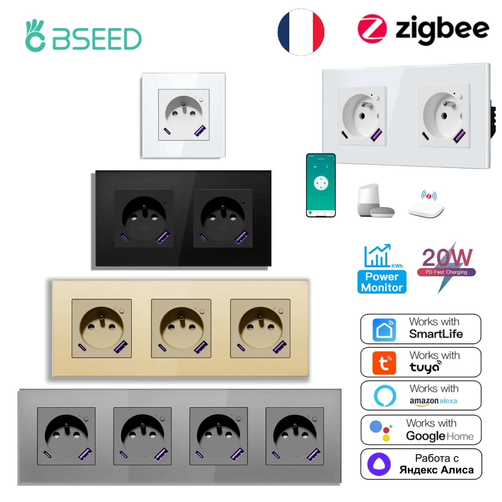 BSEED Zigbee FR Socket Control Smart Power Monitor Sockets 16A Wall Sockets USB Type-C Fast Charging For Tuya Google Alexa Alice