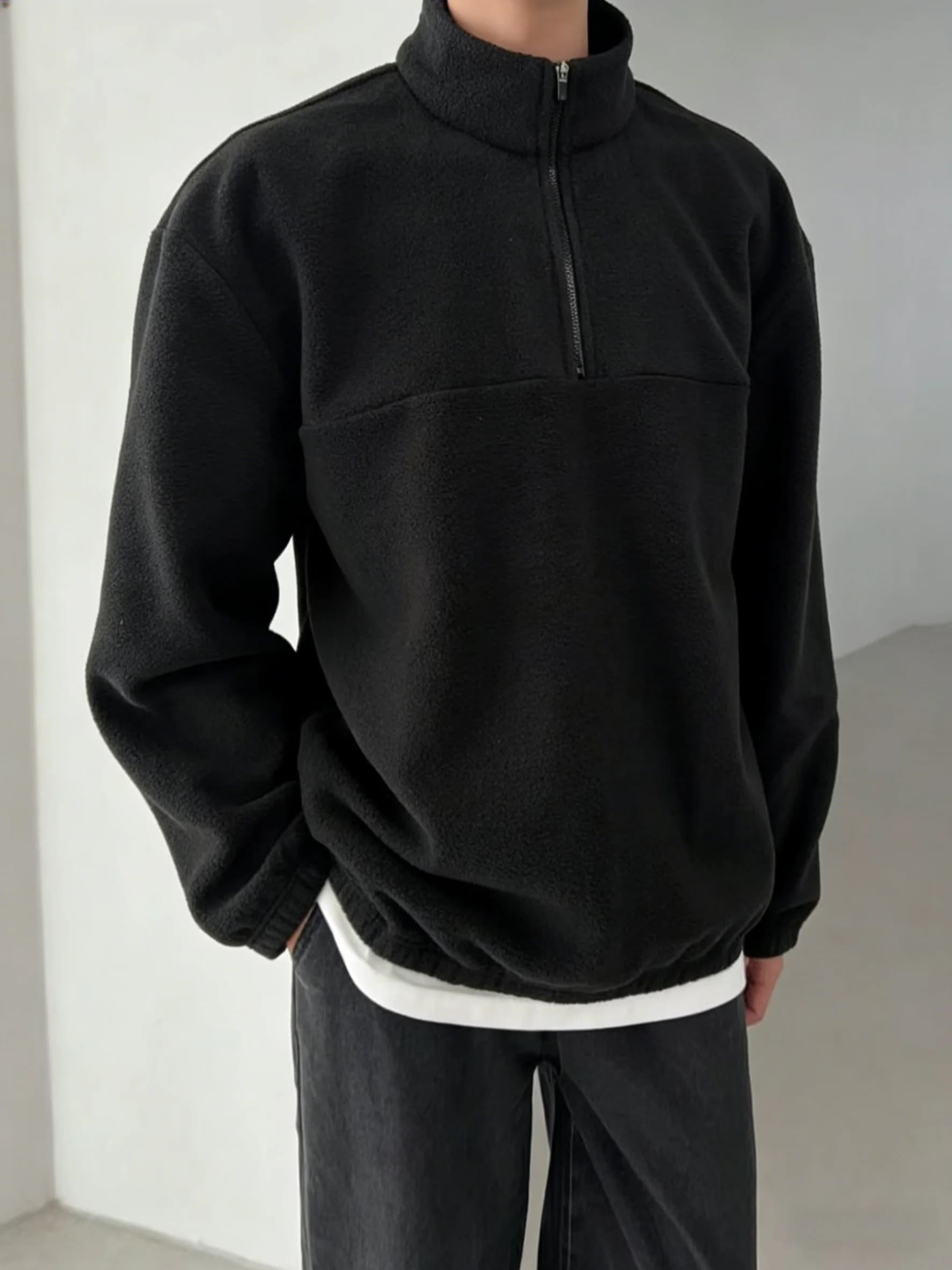 Men Half Zip Fleece Sweatshirt, Stand Collar Loose Solid Color Warm Autumn Daily Street Casual Pullover Jacket