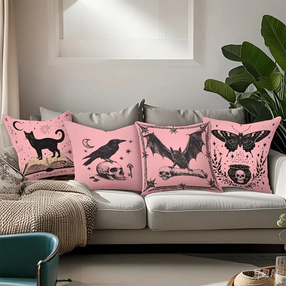 2D Flat - 4pcs, 2D Printed Pillow Covers with a Gothic Style, Featuring a Pink Background And Dark Elements Like Black Cats