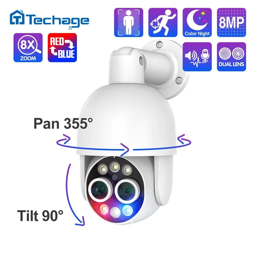 Techage 8MP POE Telecamera IP Dual Lens HD CCTV Video Smart AI Audio esterno Monitoraggio automatico Telecamera PTZ Sistema di sicurezza di sorveglianza