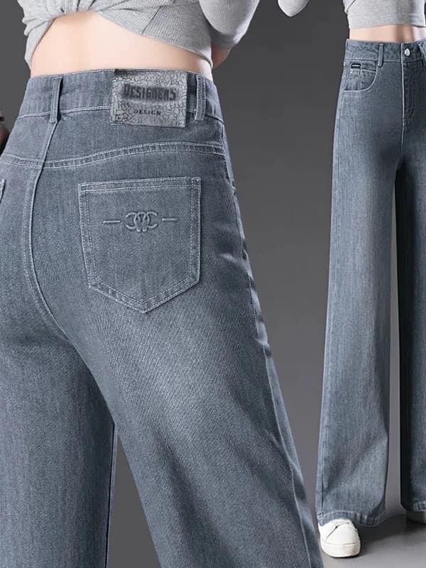 High Waist Wide Leg Jeans Women's Spring Autumn 2025 New Loose Drapey Straight Cut Trousers Cement Smoke Grey Long Pants
