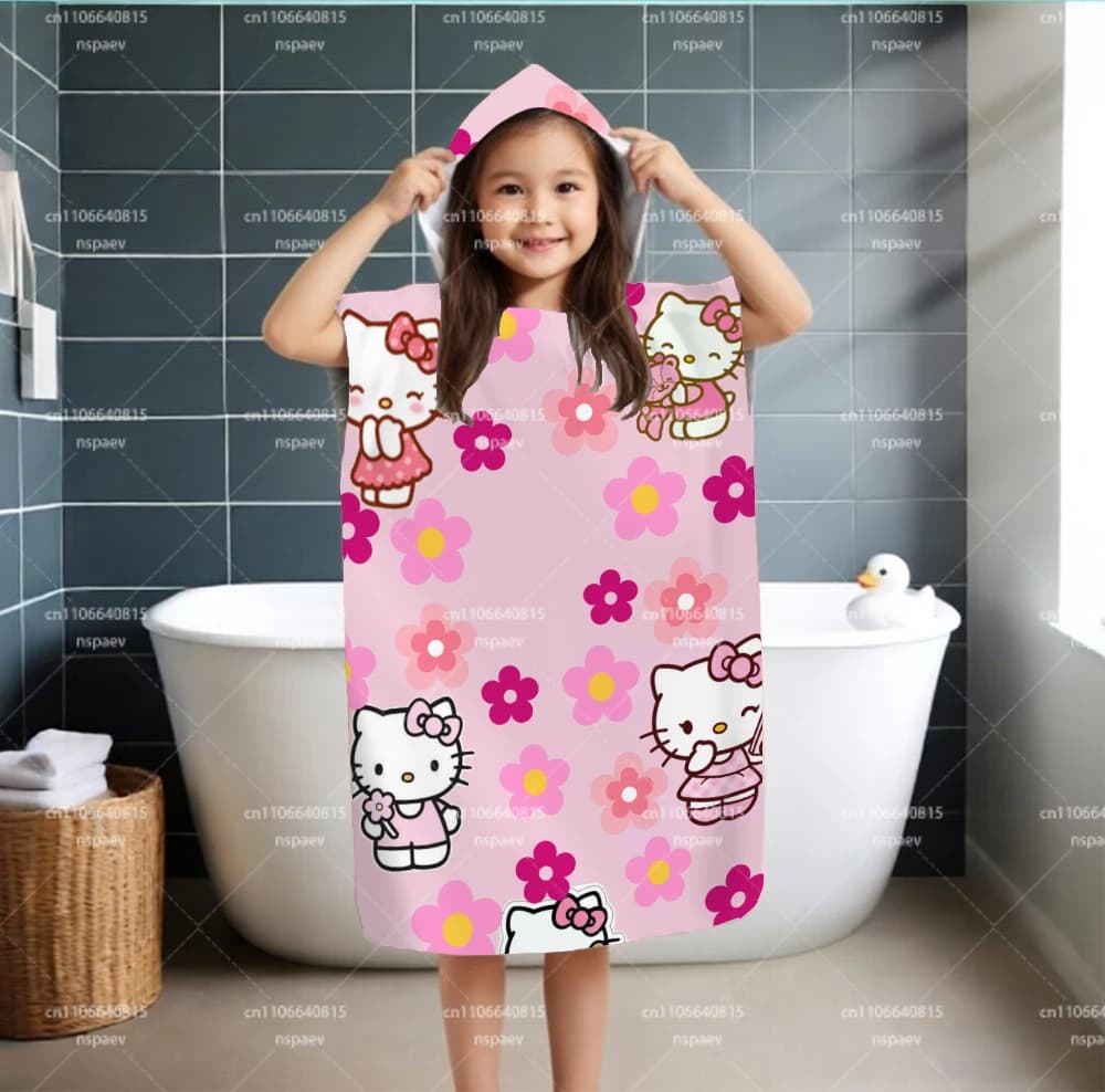 Accappatoio con Cappuccio Hello Kitty Rosa, Asciugamano da Bagno Floreale per Bambini, Poncho Morbido in Microfibra per Piscina e Spiaggia