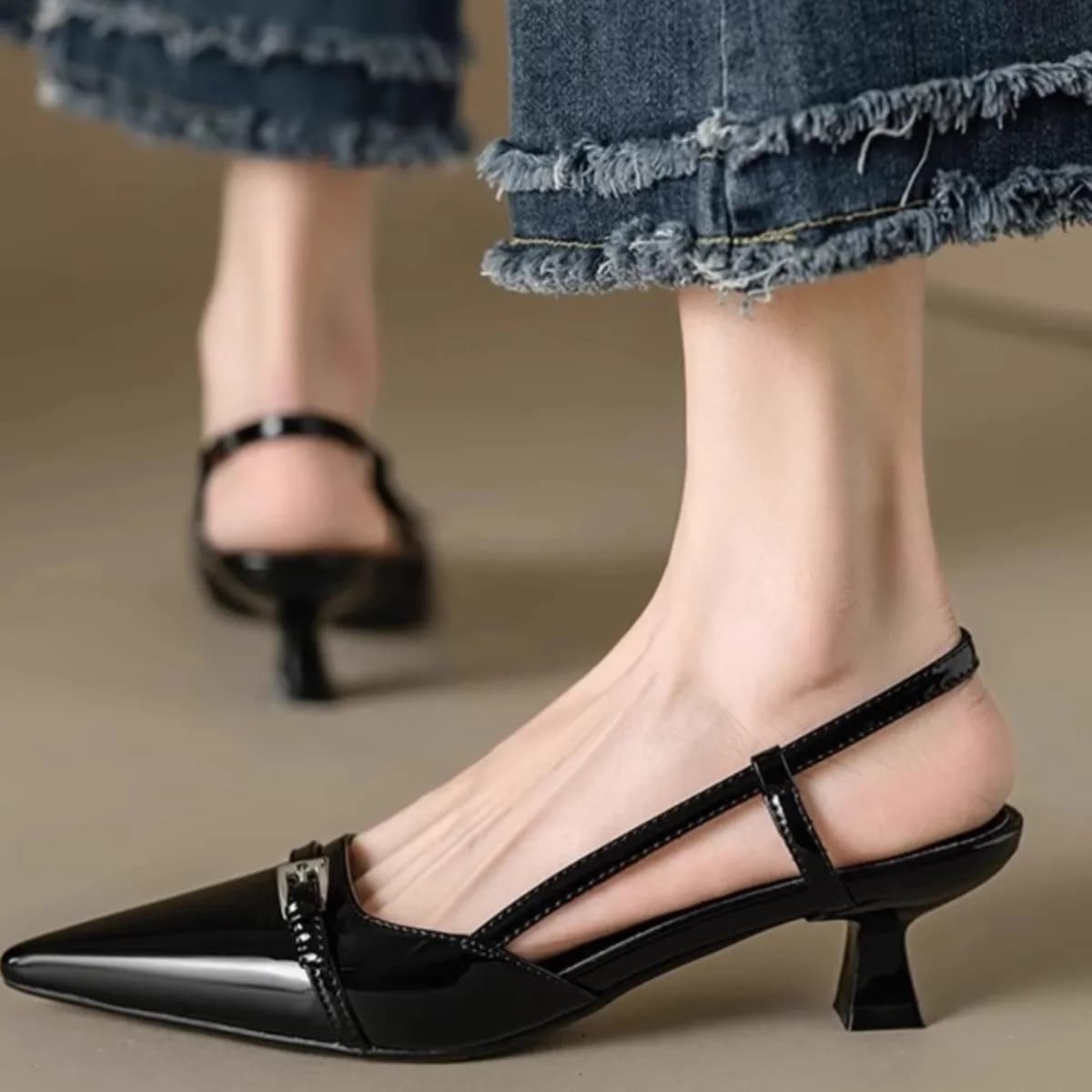 Women's Dress Shoes Patent Leather Slip on Pointed Toe Sandals Buckle Slingbacks Mid Heels Pumps Sandalias Mujer