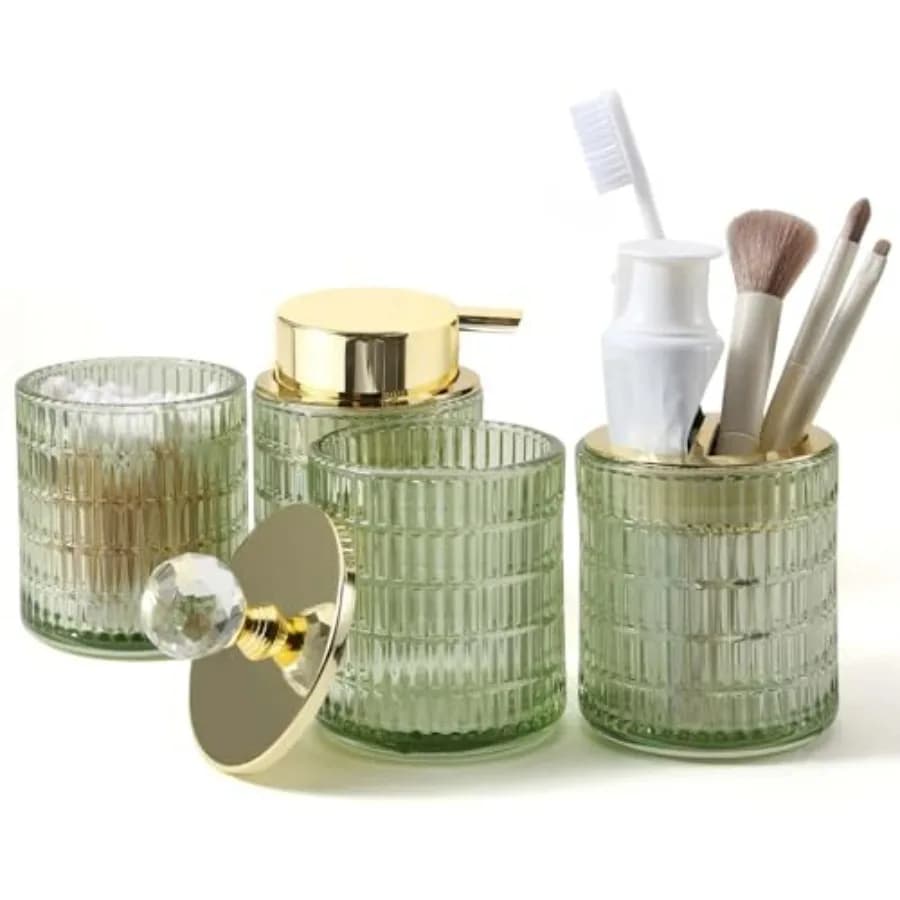 Set di Accessori per il Bagno 4 Pezzi in Vetro con Dispenser di Sapone Schiumogeno, Portaspazzolino, Bicchiere e Contenitori per Bastoncini di Cotone