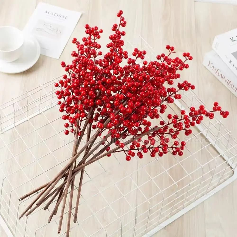 DIY branch of realistic red berries artificial agrifoglio berries reusable frosted snow garland decoration plant fake Christmas tree decoration
